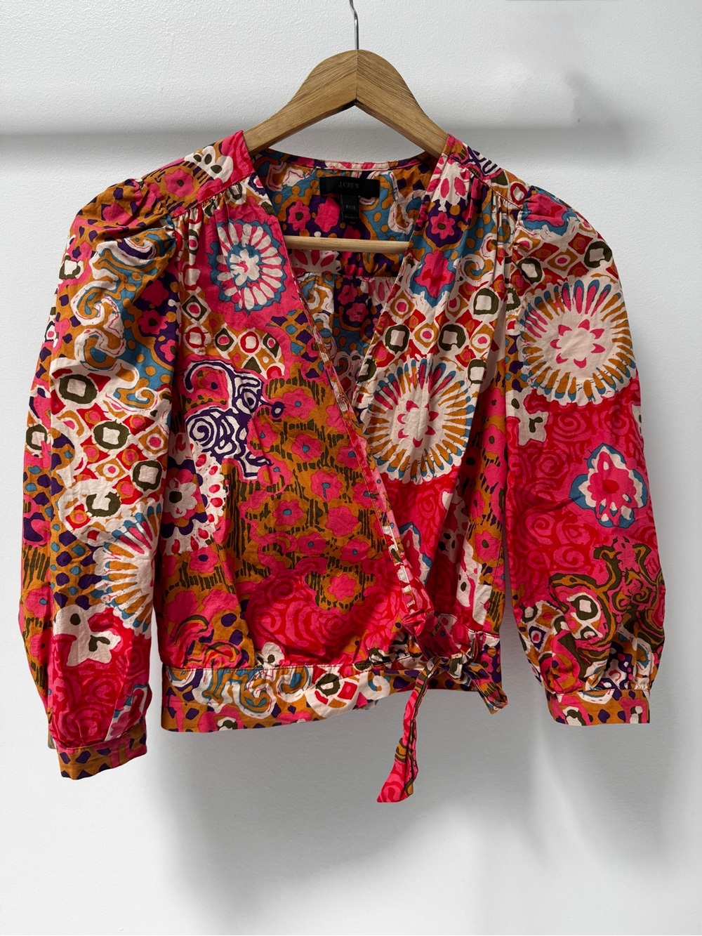 J. Crew Bright Pink Multi-Print Wrap Blouse